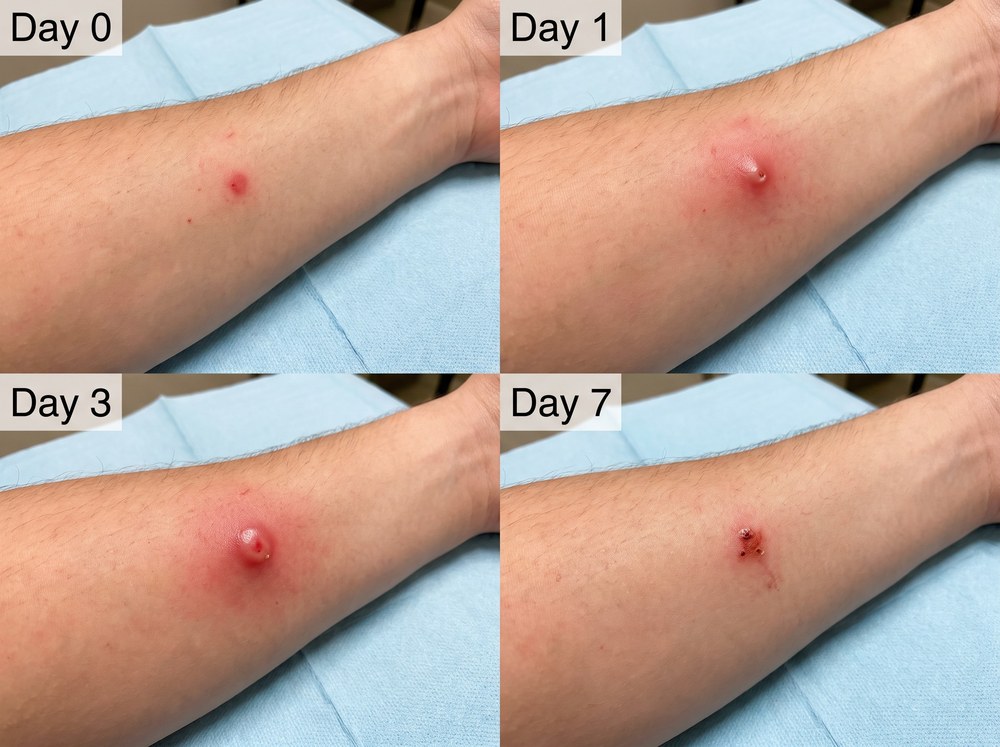 Four-panel progression photo showing a fire ant sting healing from Day 0 welt through Day 7 scabbing